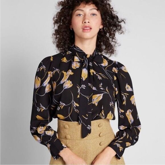 ModCloth Black Yellow Tulip Floral Design Front Tie Neck Blouse Modern Feminine - Picture 1 of 12